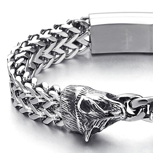 COOLSTEELANDBEYOND Biker Rock Punk MensSteel Wolf Head Franco Link Curb Chain Bracelet with Magnetic Clasp, 8.7 Inches - coolsteelandbeyond