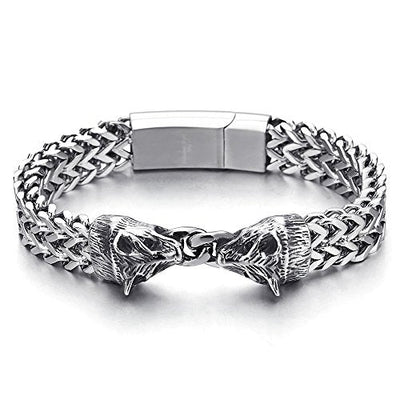 COOLSTEELANDBEYOND Biker Rock Punk MensSteel Wolf Head Franco Link Curb Chain Bracelet with Magnetic Clasp, 8.7 Inches - coolsteelandbeyond
