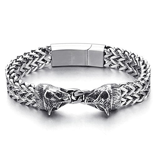 COOLSTEELANDBEYOND Biker Rock Punk MensSteel Wolf Head Franco Link Curb Chain Bracelet with Magnetic Clasp, 8.7 Inches - coolsteelandbeyond