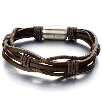 COOLSTEELANDBEYOND Brown Hand-Made Braided Leather Bangle Bracelet for Men with Stainless Steel Magnetic Clasp - coolsteelandbeyond