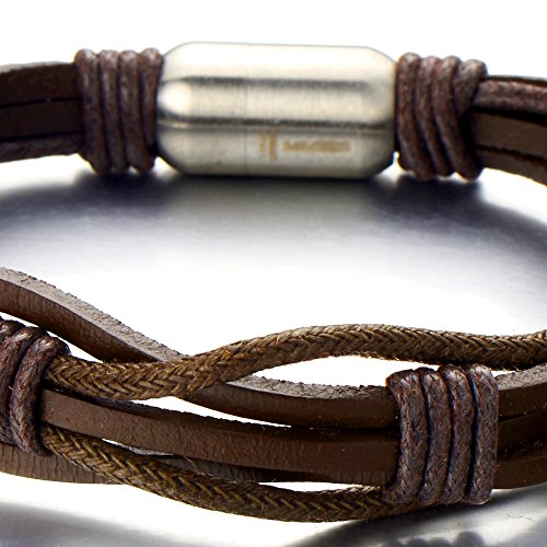 COOLSTEELANDBEYOND Brown Hand-Made Braided Leather Bangle Bracelet for Men with Stainless Steel Magnetic Clasp - coolsteelandbeyond