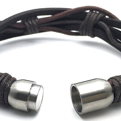 COOLSTEELANDBEYOND Brown Hand-Made Braided Leather Bangle Bracelet for Men with Stainless Steel Magnetic Clasp - coolsteelandbeyond