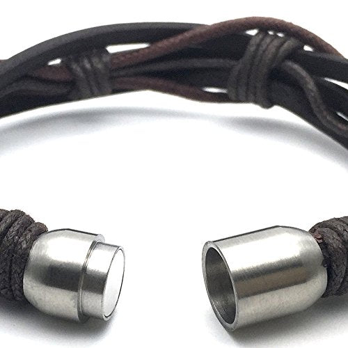 COOLSTEELANDBEYOND Brown Hand-Made Braided Leather Bangle Bracelet for Men with Stainless Steel Magnetic Clasp - coolsteelandbeyond