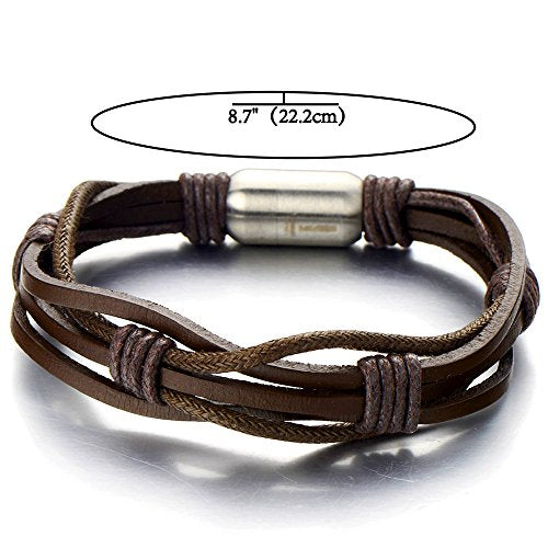 COOLSTEELANDBEYOND Brown Hand-Made Braided Leather Bangle Bracelet for Men with Stainless Steel Magnetic Clasp - coolsteelandbeyond