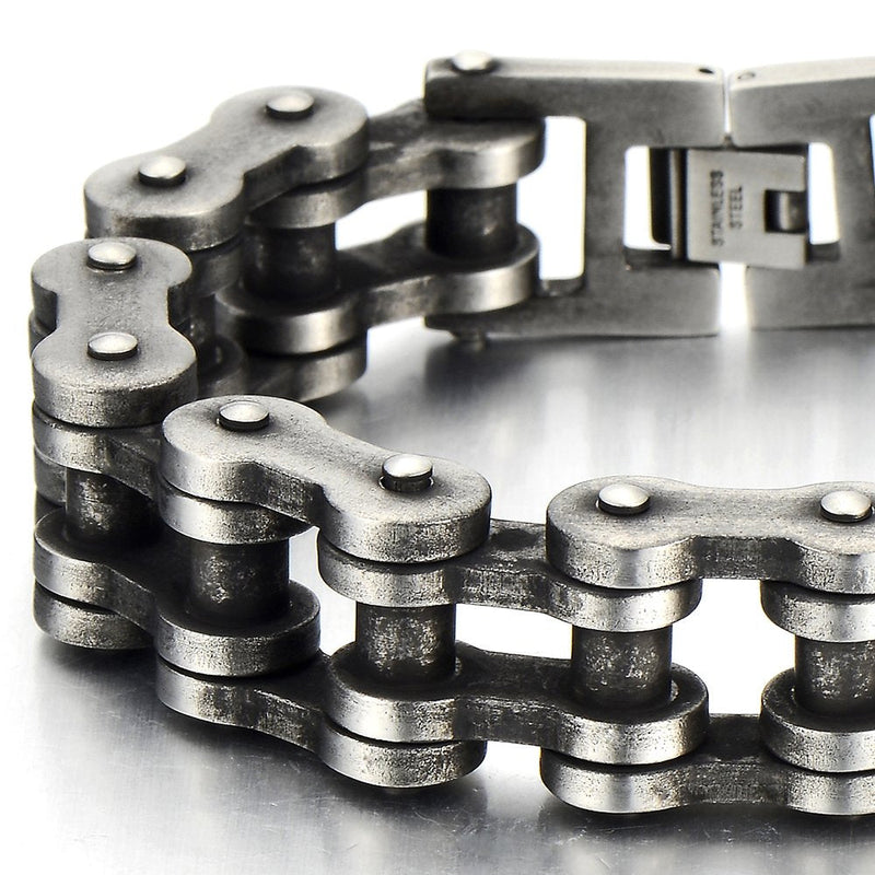 Classic Mens Bike Chain Bracelet Stainless Steel Old Metal Treatment Retro Style - COOLSTEELANDBEYOND Jewelry