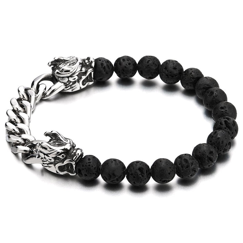 Curb Chain and 8MM Black Volcanic Lava Rock Stone Mens Beads Bracelet with Steel Dragon Heads