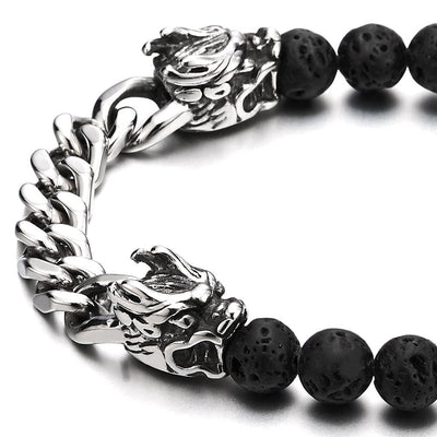Curb Chain and 8MM Black Volcanic Lava Rock Stone Mens Beads Bracelet with Steel Dragon Heads