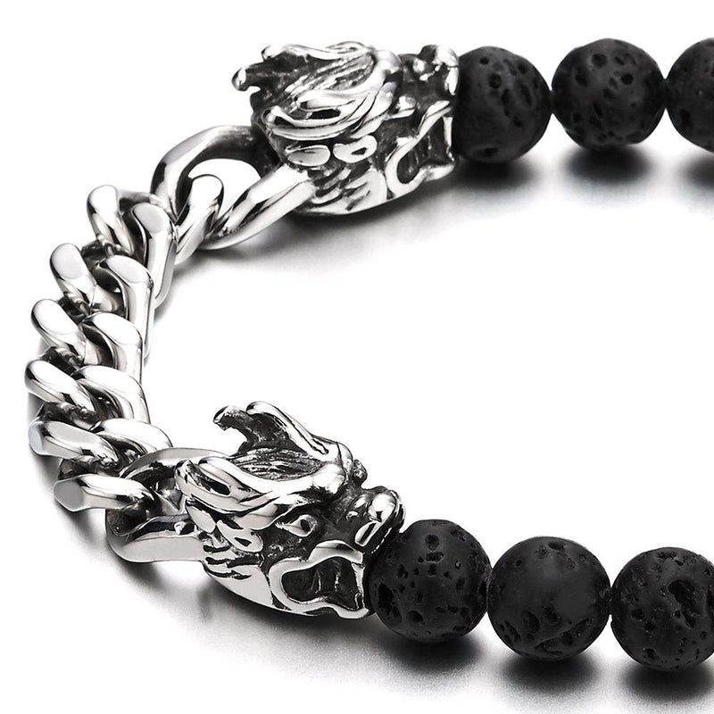 Curb Chain and 8MM Black Volcanic Lava Rock Stone Mens Beads Bracelet with Steel Dragon Heads
