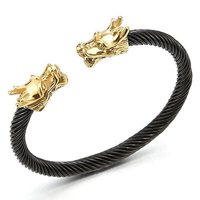 COOLSTEELANDBEYOND Elastic Adjustable Mens Dragon Bracelet Steel Twisted Cable Bangle Cuff Bracelet Polished - coolsteelandbeyond