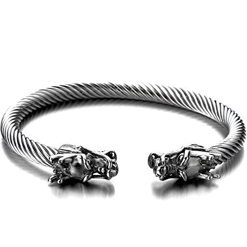 COOLSTEELANDBEYOND Elastic Adjustable Mens Dragon Bracelet Steel Twisted Cable Bangle Cuff Bracelet Polished - coolsteelandbeyond