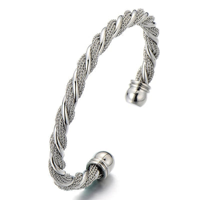 Elastic Adjustable Stainless Steel Bangle Bracelet for Men Women Silver Color Polished - COOLSTEELANDBEYOND Jewelry