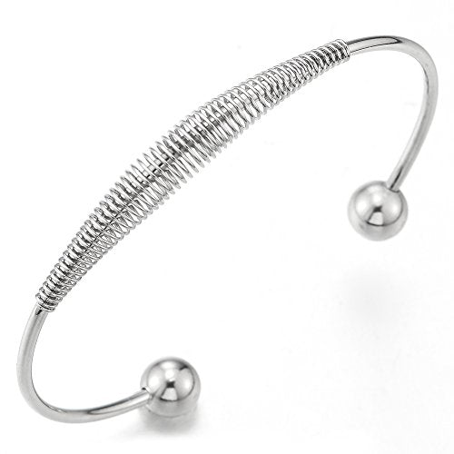 COOLSTEELANDBEYOND Elastic Adjustable Stainless Steel Cuff Bangle Bracelet for Women with Balls and Cable - COOLSTEELANDBEYOND Jewelry