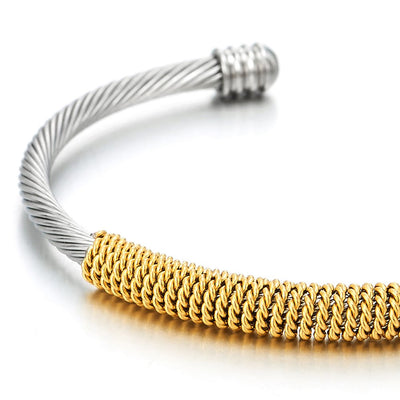 COOLSTEELANDBEYOND Elastic Adjustable Steel Twisted Cable Cuff Bangle Bracelet for Men Women Silver Gold Polished - coolsteelandbeyond