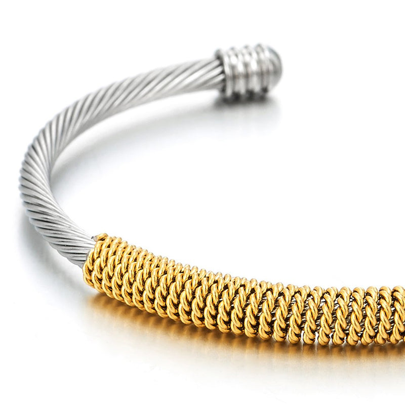COOLSTEELANDBEYOND Elastic Adjustable Steel Twisted Cable Cuff Bangle Bracelet for Men Women Silver Gold Polished - coolsteelandbeyond