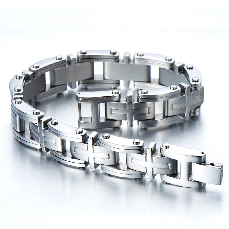 COOLSTEELANDBEYOND Exclusive Stainless Steel Man Jewelry Cross Link Bracelet for Men 8.85 Inches - coolsteelandbeyond