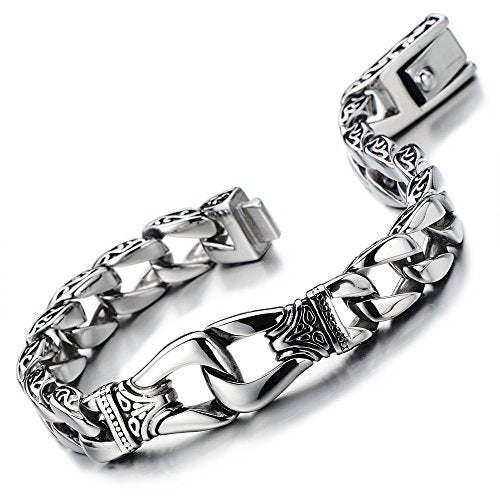 COOLSTEELANDBEYOND Exquisite Men’s Biker Curb Chain Bracelet Stainless Steel Silver Color High Polished - coolsteelandbeyond