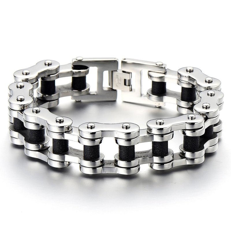 Exquisite Bike Chain Bracelet for Men, Crafted from Stainless Steel in Silver and Black Two-Tone, Polished and Satin Finish, Perfect for Casual Wear or Biker-Themed Events - COOLSTEELANDBEYOND Jewelry