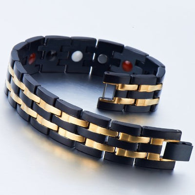 COOLSTEELANDBEYOND Exquisite Stainless Steel Mens Magnetic Bracelet Gold Black with Magnets and Free Link Removal Tool - coolsteelandbeyond