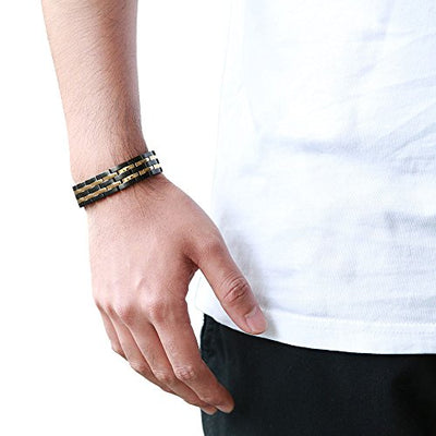 COOLSTEELANDBEYOND Exquisite Stainless Steel Mens Magnetic Bracelet Gold Black with Magnets and Free Link Removal Tool - coolsteelandbeyond