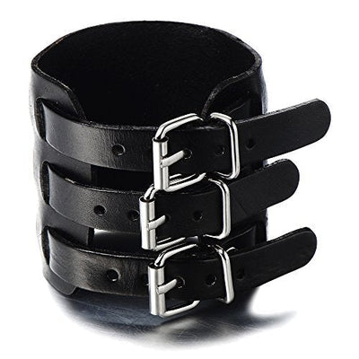 COOLSTEELANDBEYOND Extra Wide Mens Leather Bracelet Genuine Black Leather Bangle with Three Buckle Clasps - coolsteelandbeyond