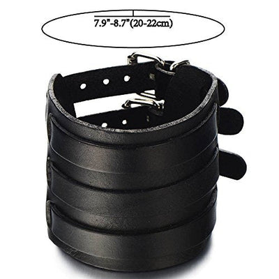 COOLSTEELANDBEYOND Extra Wide Mens Leather Bracelet Genuine Black Leather Bangle with Three Buckle Clasps - coolsteelandbeyond