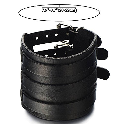 COOLSTEELANDBEYOND Extra Wide Mens Leather Bracelet Genuine Black Leather Bangle with Three Buckle Clasps - coolsteelandbeyond