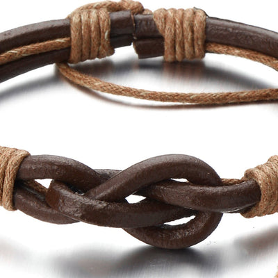 COOLSTEELANDBEYOND Friendship Nautical Knot Multi-Row Brown Leather Bracelet Mens Genuine Leather Wristband Wrap Bracelet - coolsteelandbeyond