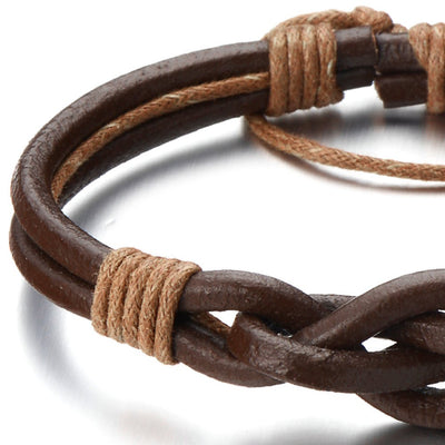 COOLSTEELANDBEYOND Friendship Nautical Knot Multi-Row Brown Leather Bracelet Mens Genuine Leather Wristband Wrap Bracelet - coolsteelandbeyond