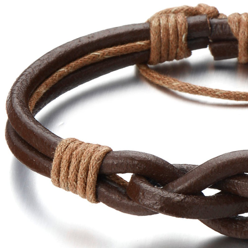 COOLSTEELANDBEYOND Friendship Nautical Knot Multi-Row Brown Leather Bracelet Mens Genuine Leather Wristband Wrap Bracelet - coolsteelandbeyond