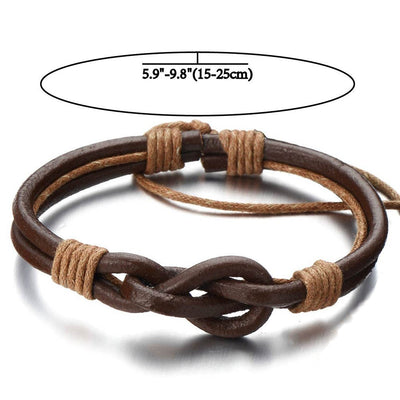 COOLSTEELANDBEYOND Friendship Nautical Knot Multi-Row Brown Leather Bracelet Mens Genuine Leather Wristband Wrap Bracelet - coolsteelandbeyond