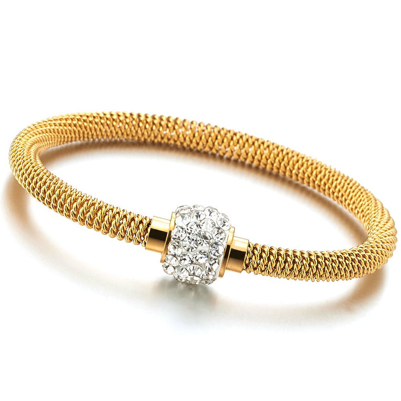 COOLSTEELANDBEYOND Gold Color Stainless Steel Cable Bangle Bracelet with Cubic Zirconia Charm and Magnetic Clasp - COOLSTEELANDBEYOND Jewelry
