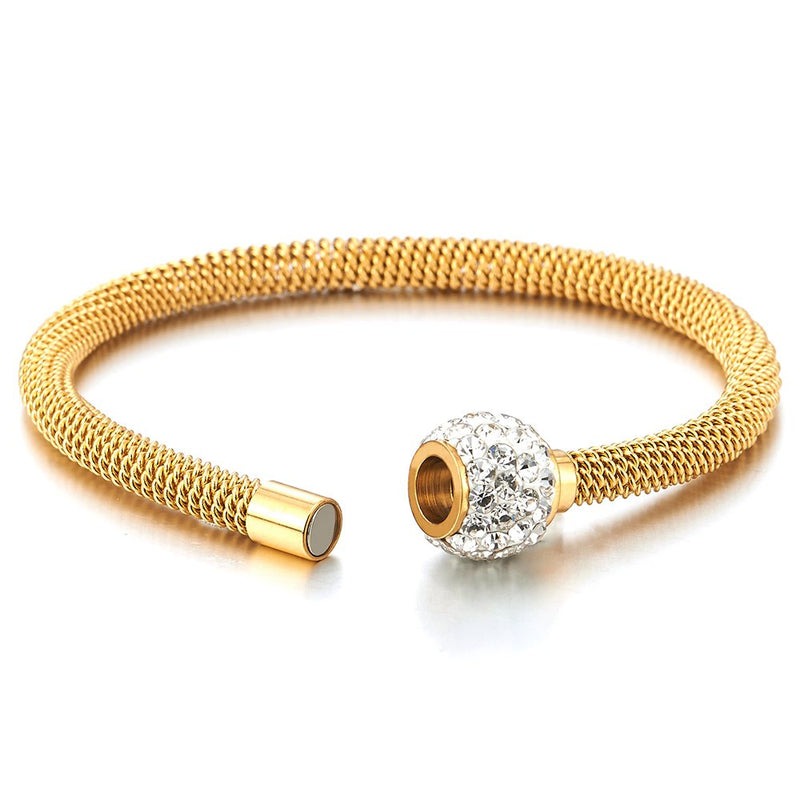 COOLSTEELANDBEYOND Gold Color Stainless Steel Cable Bangle Bracelet with Cubic Zirconia Charm and Magnetic Clasp - COOLSTEELANDBEYOND Jewelry