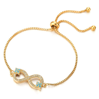 COOLSTEELANDBEYOND Gold Steel Link Chain Bracelet with Blue White CZ Friendship Infinity Love Number 8, Adjustable - COOLSTEELANDBEYOND Jewelry