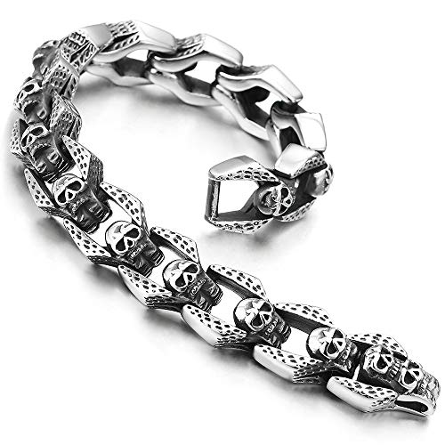 COOLSTEELANDBEYOND Gothic Biker Stainless Steel Vintage Skulls Charm Link Chain Bracelet for Men, Masculine - coolsteelandbeyond