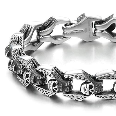 COOLSTEELANDBEYOND Gothic Biker Stainless Steel Vintage Skulls Charm Link Chain Bracelet for Men, Masculine - coolsteelandbeyond