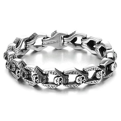 COOLSTEELANDBEYOND Gothic Biker Stainless Steel Vintage Skulls Charm Link Chain Bracelet for Men, Masculine - coolsteelandbeyond