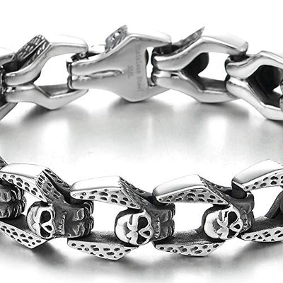 COOLSTEELANDBEYOND Gothic Biker Stainless Steel Vintage Skulls Charm Link Chain Bracelet for Men, Masculine - coolsteelandbeyond