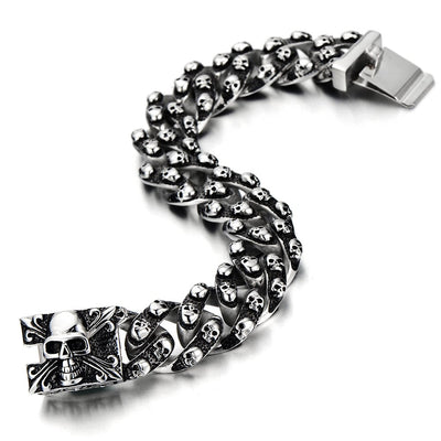 COOLSTEELANDBEYOND Gothic Retro Style Mens Large Stainless Steel Curb Chain Bracelet with Skulls - coolsteelandbeyond