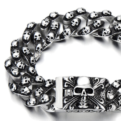 COOLSTEELANDBEYOND Gothic Retro Style Mens Large Stainless Steel Curb Chain Bracelet with Skulls - coolsteelandbeyond