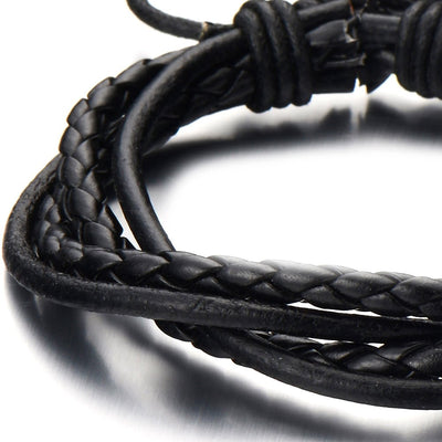 Hand-Made Mens Black Braided Leather Bracelet Multi-Strand Genuine Leather Wristband Wrap Bracelet - COOLSTEELANDBEYOND Jewelry