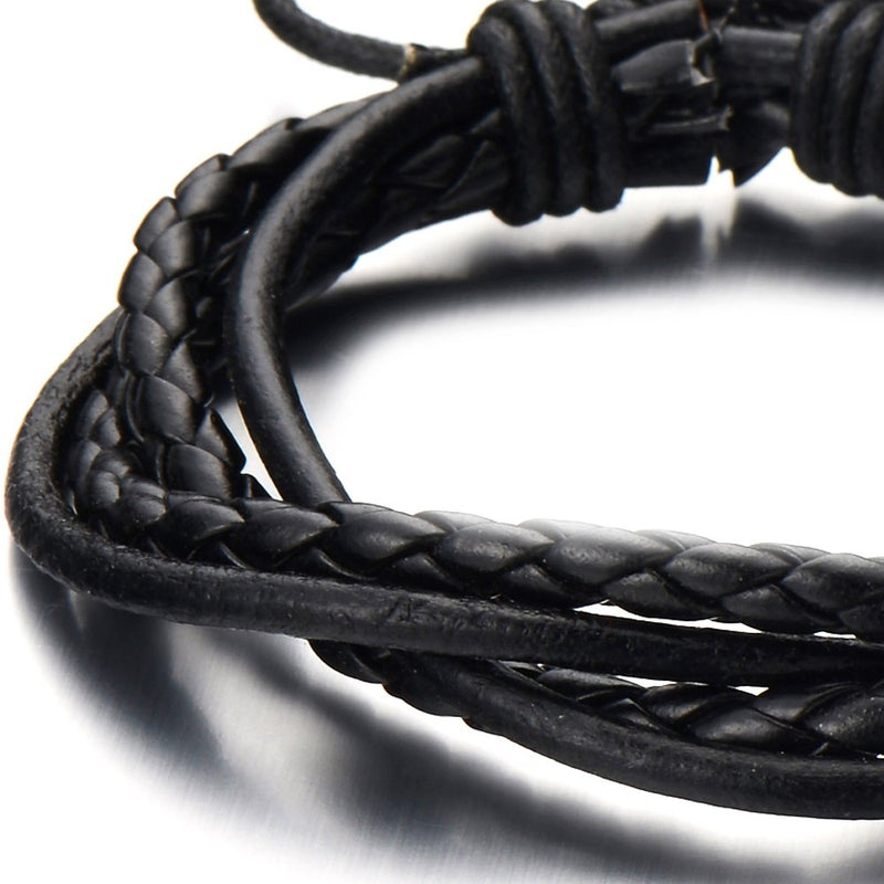 Hand-Made Mens Black Braided Leather Bracelet Multi-Strand Genuine Leather Wristband Wrap Bracelet - COOLSTEELANDBEYOND Jewelry