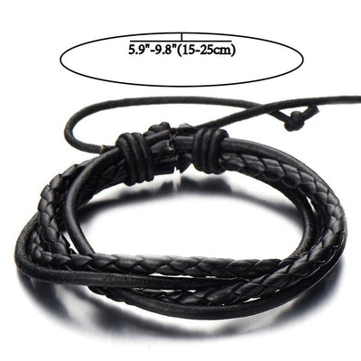Hand-Made Mens Black Braided Leather Bracelet Multi-Strand Genuine Leather Wristband Wrap Bracelet - COOLSTEELANDBEYOND Jewelry