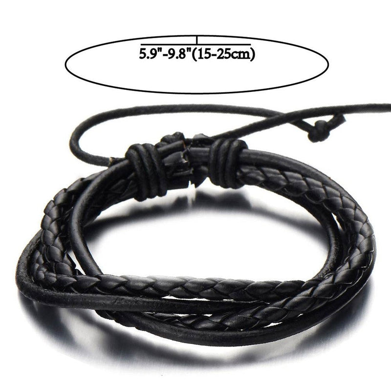 Hand-Made Mens Black Braided Leather Bracelet Multi-Strand Genuine Leather Wristband Wrap Bracelet - COOLSTEELANDBEYOND Jewelry