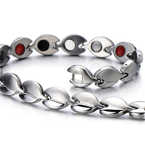 COOLSTEELANDBEYOND Health Function Leaf Link Magnetic Bracelet for Ladies Steel with Magnets Free Link Removal Tool - coolsteelandbeyond