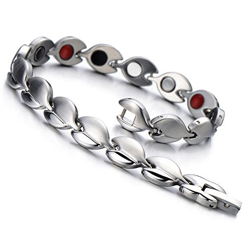 COOLSTEELANDBEYOND Health Function Leaf Link Magnetic Bracelet for Ladies Steel with Magnets Free Link Removal Tool - coolsteelandbeyond