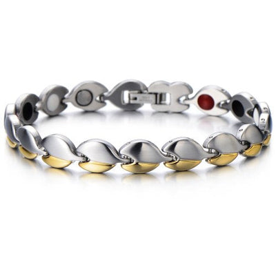 COOLSTEELANDBEYOND Health Function Leaf Link Magnetic Bracelet for Ladies Steel with Magnets Free Link Removal Tool - coolsteelandbeyond