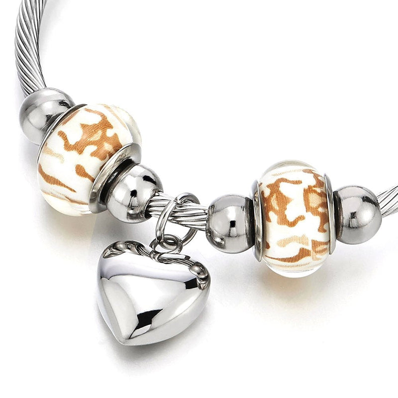 COOLSTEELANDBEYOND Heart and Murano Glass Charms Cuff Bracelet, Elastic Adjustable Stainless Steel Twisted Cable Bangle - coolsteelandbeyond