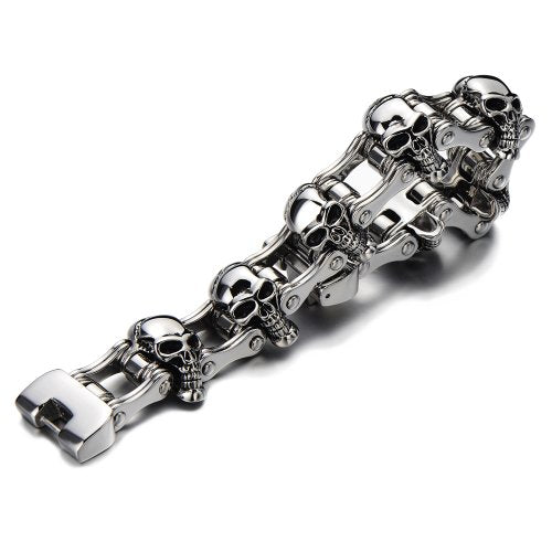 COOLSTEELANDBEYOND Heavy and Study Mens Bike Chain Skull Bracelet Stainless Steel Silver Color High Polished Large - coolsteelandbeyond