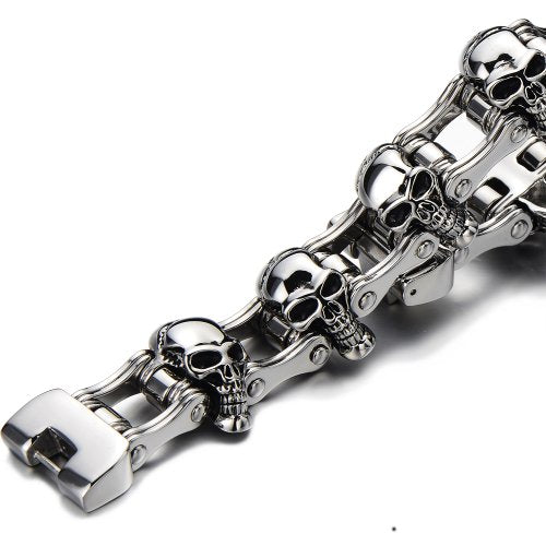 COOLSTEELANDBEYOND Heavy and Study Mens Bike Chain Skull Bracelet Stainless Steel Silver Color High Polished Large - coolsteelandbeyond