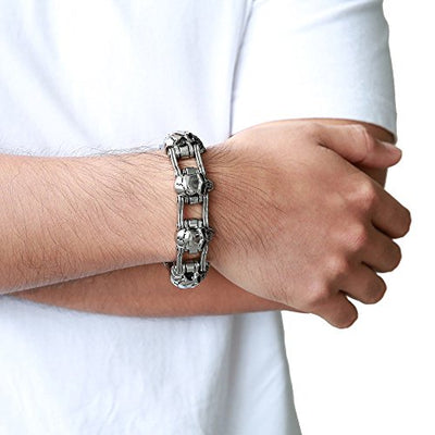 COOLSTEELANDBEYOND Heavy and Study Mens Bike Chain Skull Bracelet Stainless Steel Silver Color High Polished Large - coolsteelandbeyond